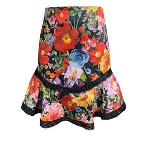 Alice + Olivia Eriko Blooming Garden Floral Print Lace Curved Hem Skirt Size 2